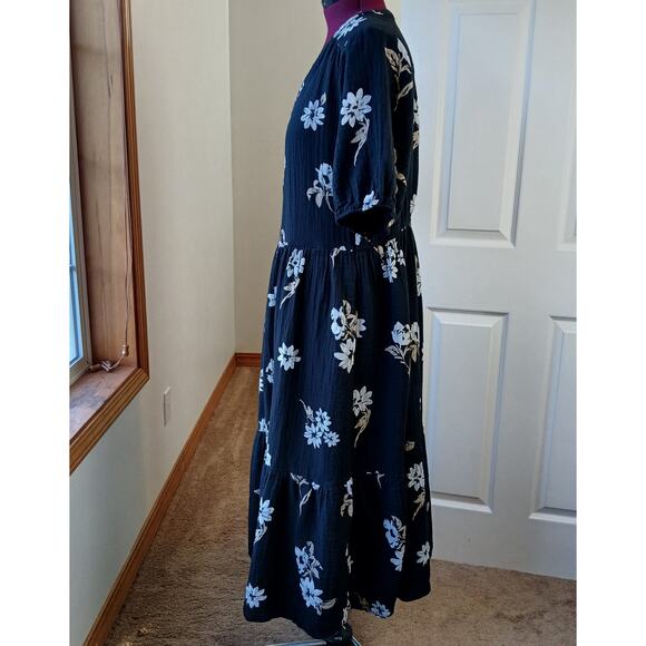 Sonoma Button Thru Femme Midi Dress 1X repaired black tan floral cotton - Picture 2 of 15